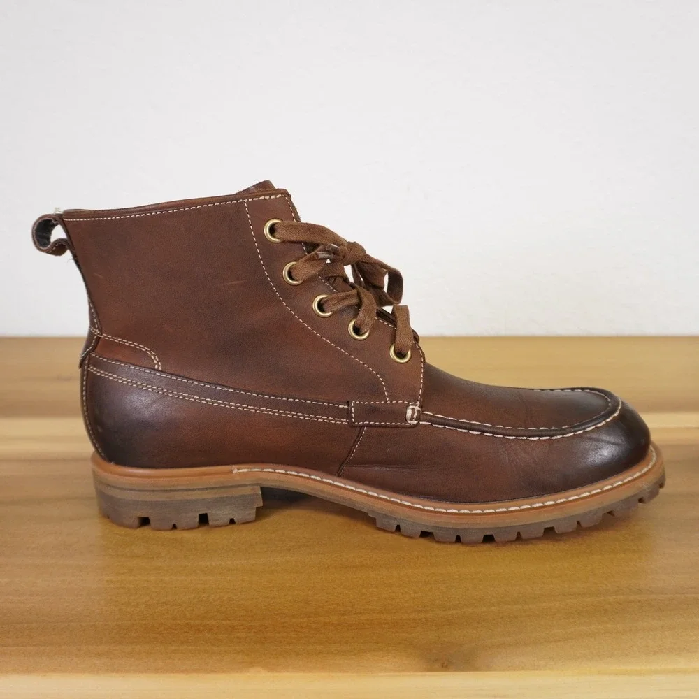 John Varvatos Moc Toe Boots Mens 11 Brown Leather Lug Sole Lace Up